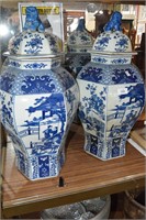 Large pair of Chinese hexagonal lidded vases,