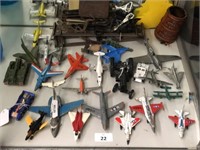 SHELF LOT OF TOY CARS, PLANES, TANKS