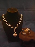 Sterling Cross Necklace & Cuff Bracelet Set