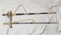 2 Ornate Swords Jeweled W/ Scabbards Decorative
