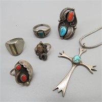 Collection of Navajo Old Pawn Rings & Cross