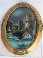 Antique Reverse Bubble Glass Castle Painting