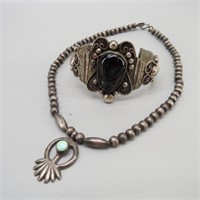 Silver Cuff Bracelet & Navajo Silver Bead Necklace