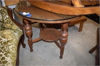 Vtg Round End Table w/ Glass Top Over Wood