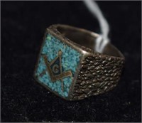 Vtg Sterling Silver Masonic Ring w/ Turquoise