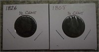Two 1/2 Cent Coins- 1805 & 1826