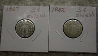 (2) 5 Cent Shield Coins - 1867 and 1882