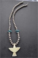 Sterling Bead Necklace w/ Turquoise & Carved Bone