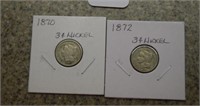 (2) 3 Cent Nickel Coins- 1870 and 1872