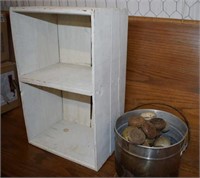 Shabby Chic Wooden Shelf & Metal Bucket Of Antique