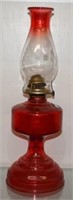 Vtg Oil Lamp w/ Red Glass Base