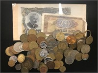 LOT OF OLD FORIEGN MONEY. PAPER AND COINS