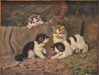 Vintage Oil Painting 4 Kittens Playing by a Basket