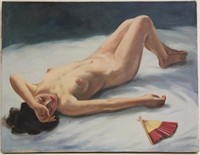 1940s Pin Up Art Painting Nude Oriental Girl w Fan
