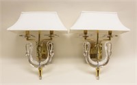 Pair Nulco Chapman Brass & Crystal Swan Sconces