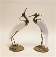 Pair Vintage Glass & Brass Egret / Bird Sculptures