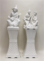 2 Italian Terracotta Mandarin Figures on Pedestals