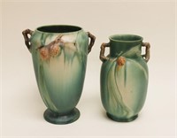 (2) Large Roseville Pottery Green Pine Cone Vases