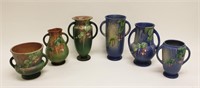 6- Roseville Blue Green Fuchsia Vases & Flower Pot