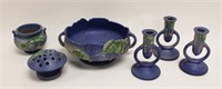 (6) Assorted Roseville Blue Fuchsia Pottery Items