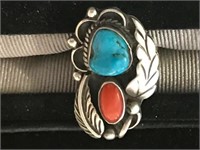 NATIVE STERLING TURQUOISE AND CORAL RING