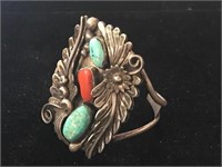 NATIVE AMERICAN TURQUOISE / CORAL SILVER BRACELET