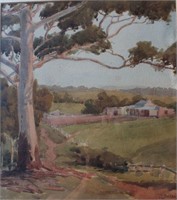 Olive Birkenhead, rural scene with farm buildings