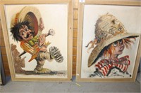 Wooly, 2 works, each a figure with straw hat,