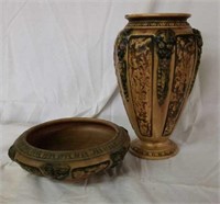 Roseville, Florentine pattern, vase & 
bowl