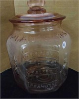 Planters Peanuts pink glass counter jar, 12" tall