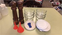 V6 clear Pyrex bowls, lids & wooden s&p grinder