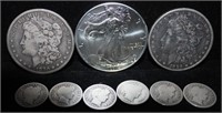 Coins - 2 Morgans, 6 Mercs, Silver Eagle