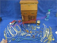 old wooden jewelry box & costume jewelry
