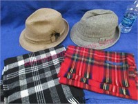 2 vintage men's hats & 2 wool scarves