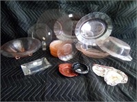 Light pink depression glass dishes and misc ash
