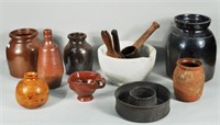 Group Stoneware Crocks & Cooking Implements