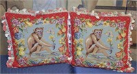 Two Needlpoint Monkey Pillows
