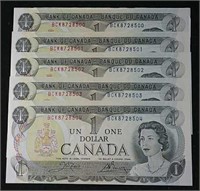 Five 1973 Consecutive UNC Canada $1 Bills -500-504