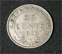 1919 NFLD silver quarter -VG10