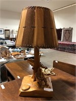 17" SIGNED CARVED WOODEN TABLE LAMP