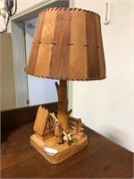18" SIGNED CARVED WOODEN TABLE LAMP