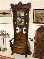 OAK CARVED ENTRY BENCH W/ UMBRELLA STAND