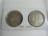 TRAY: 1949 , 1955 CDN SILVER DOLLARS