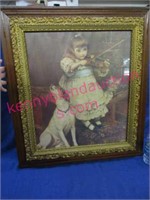 antique frame with print (girl with fiddle & dog)
