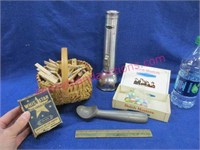 small basket -marbles -old flashlight -misc