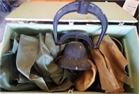 600 -CAST IRON DINNER BELL & BOX OF MILITARY ITEMS