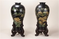 Large Pair of Chinese Lacquer Vases on Stands,