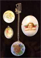 4 Hand Painted Porcelain Necklaces & Brooches