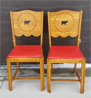 Pair Rustic Western Oak Chairs With Cattle Design