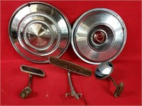 Two Vintage Hubcaps and Three Mirrors